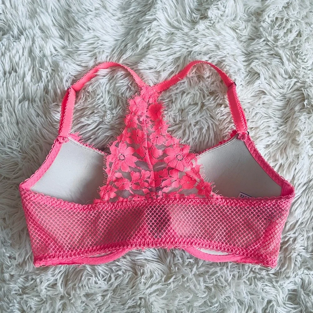 VICTORIAS SECRET Dream Angels Push Up Racerback Fishnet Bra Coral Pink Size 34D